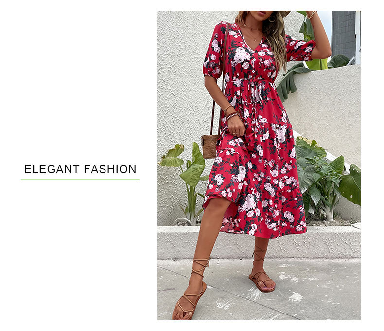 Vestido de fiesta con cuello en V y falda con estampado dividido_voghion.com