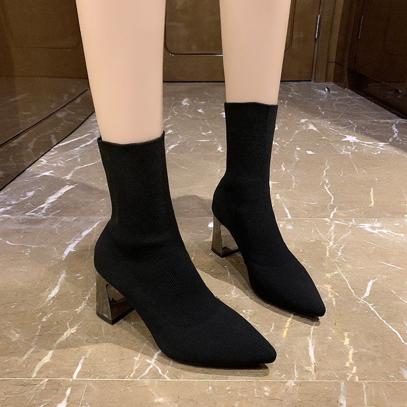 2024 New Martin British style High Heel Sock Pointed Short Women's Spring Autumn Thick Heels Slim and Ankle Boots_voghion.com