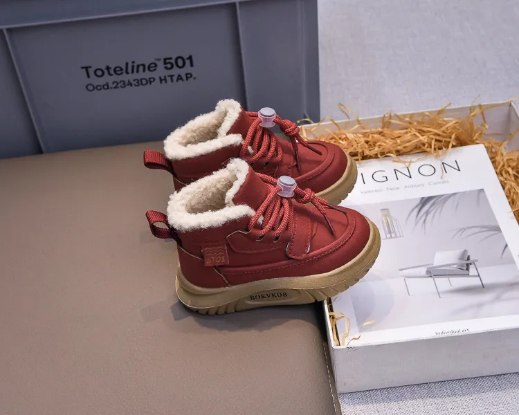 Toddler PU Leather Snow Children Thick Warm Boy's Cotton Anti-slip Girl Fur Boots For Cutefeet Kids Winter Plush Shoes_desvips.com