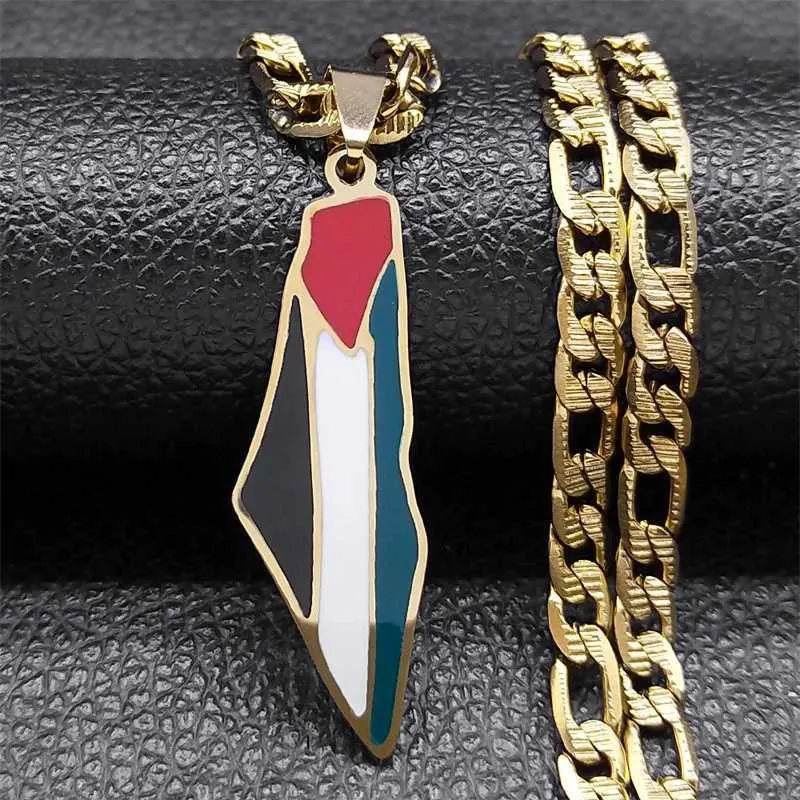 Palestine Map Flag Pendant Necklace Stainless Steel Gold Plated_voghion.com