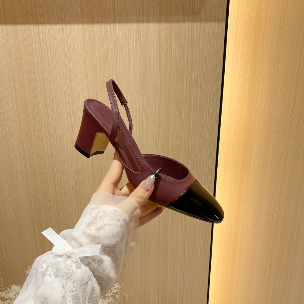 Burgundy New Style Chunky Heel Single Shoes For Women With Back Strap, Square Toe, Color Block, Mid Heel, Open Back,