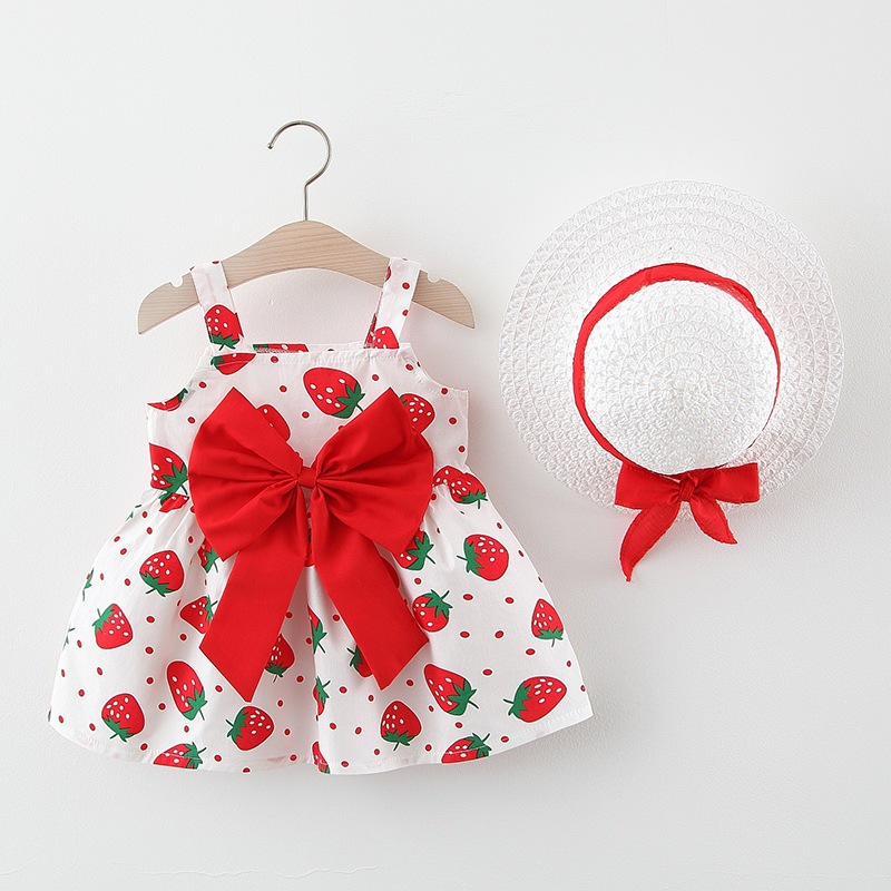Baby Girl Dress For 6-12 Months Strawberry Polka Dots Bow Dress Summer Breathable Cotton Children Clothes Send Hat