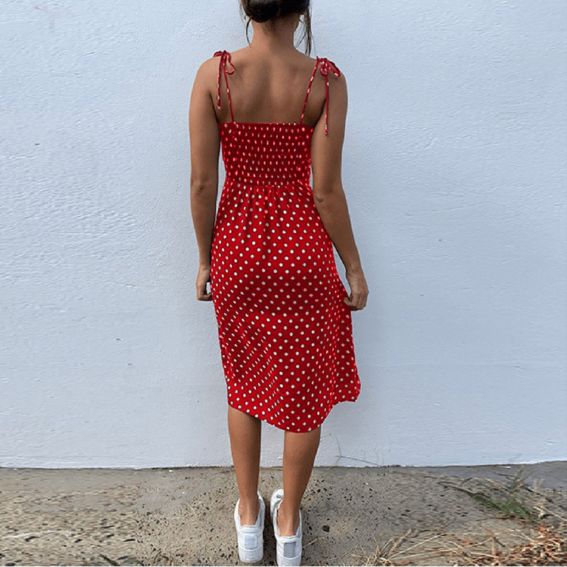 Women's Black And White Polka Dot Slit Dress With Elastic Strap_voghion.com