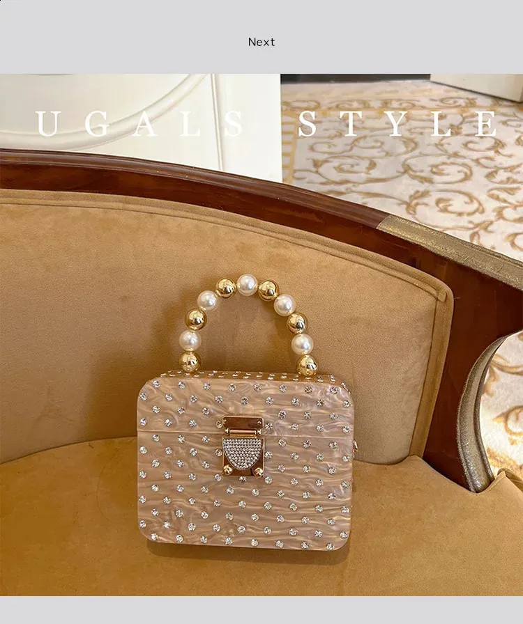 Acryl-Box-Form-Clutch-Tasche Perlengriff Handtasche Dia Metall glänzend Gold Frauen Abendparty süße Geldbörse Hochzeit 240822_voghion.com