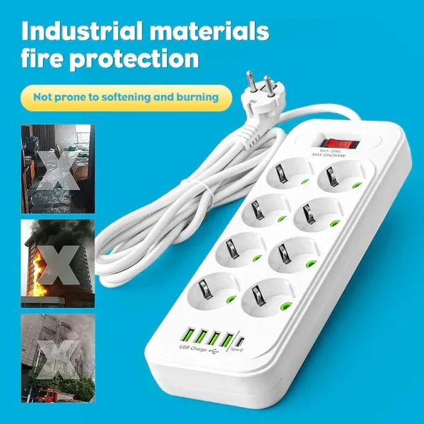 Protector contra sobretensiones de 8 tomas con puerto USB-C y 4 puertos USB, compatible con los estándares de la UE._voghion.com