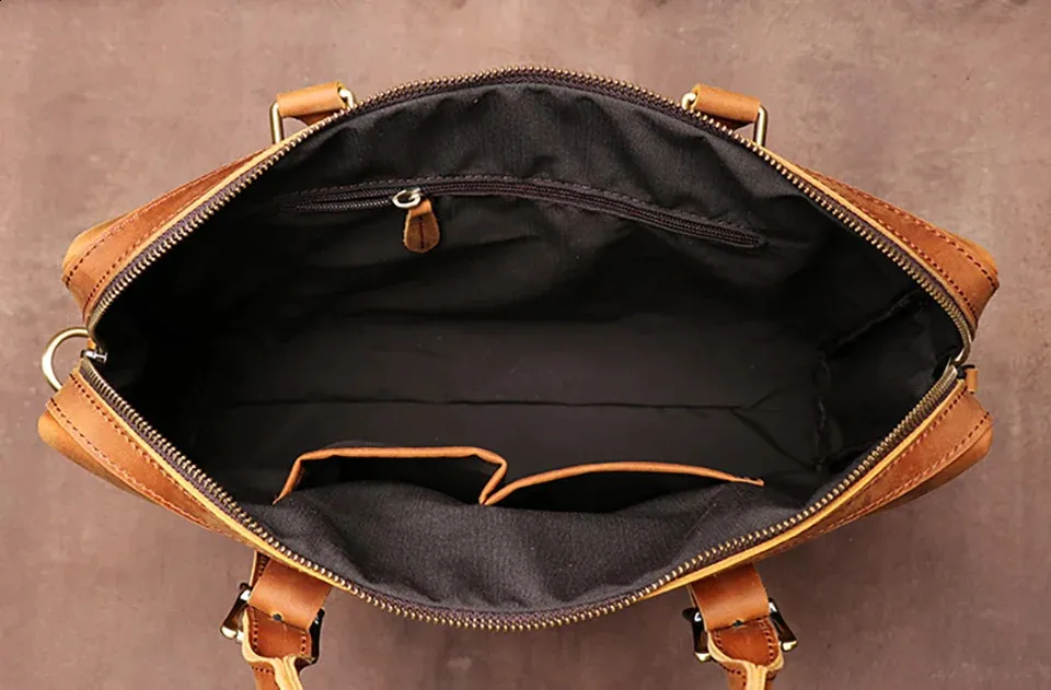 Vintage Man Handbag Briefcase Men Shoulder Genuine Leather Bags Brown Business Fashion 14 Inch Laptop_voghion.com