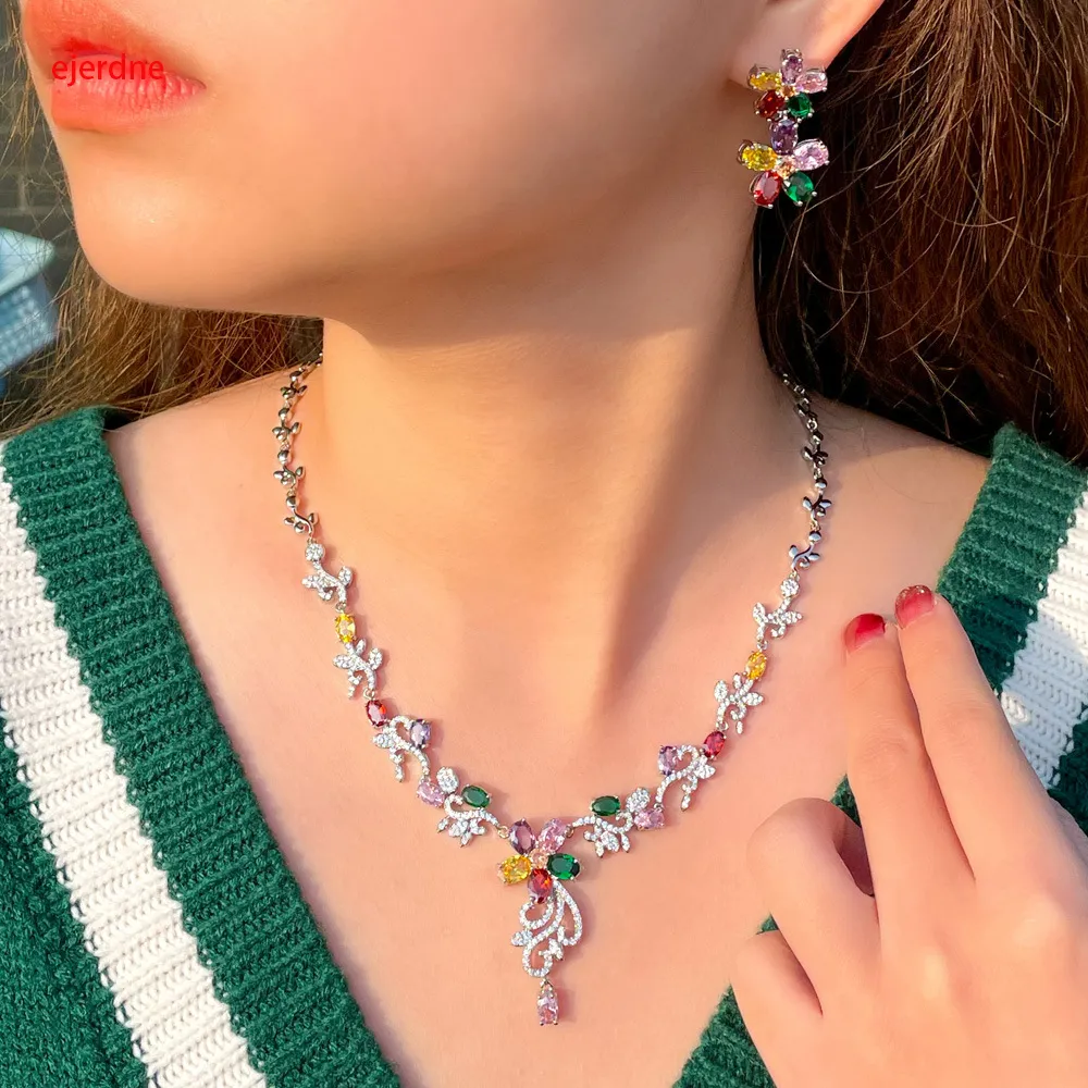 Többszínű cirkónia köves 2 db-os női esküvői parti menyasszonyi virág nyaklánc és fülbevaló ékszer szett_voghion.com