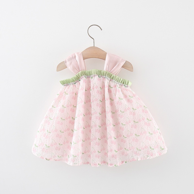 New Girls' Summer Dress Halter Pompadour Skirt Bow Cherry Cherry Lady Style Princess Dress Birthday Party Sleeveless Dress (Girls 0-3 Years Old)_voghion.com