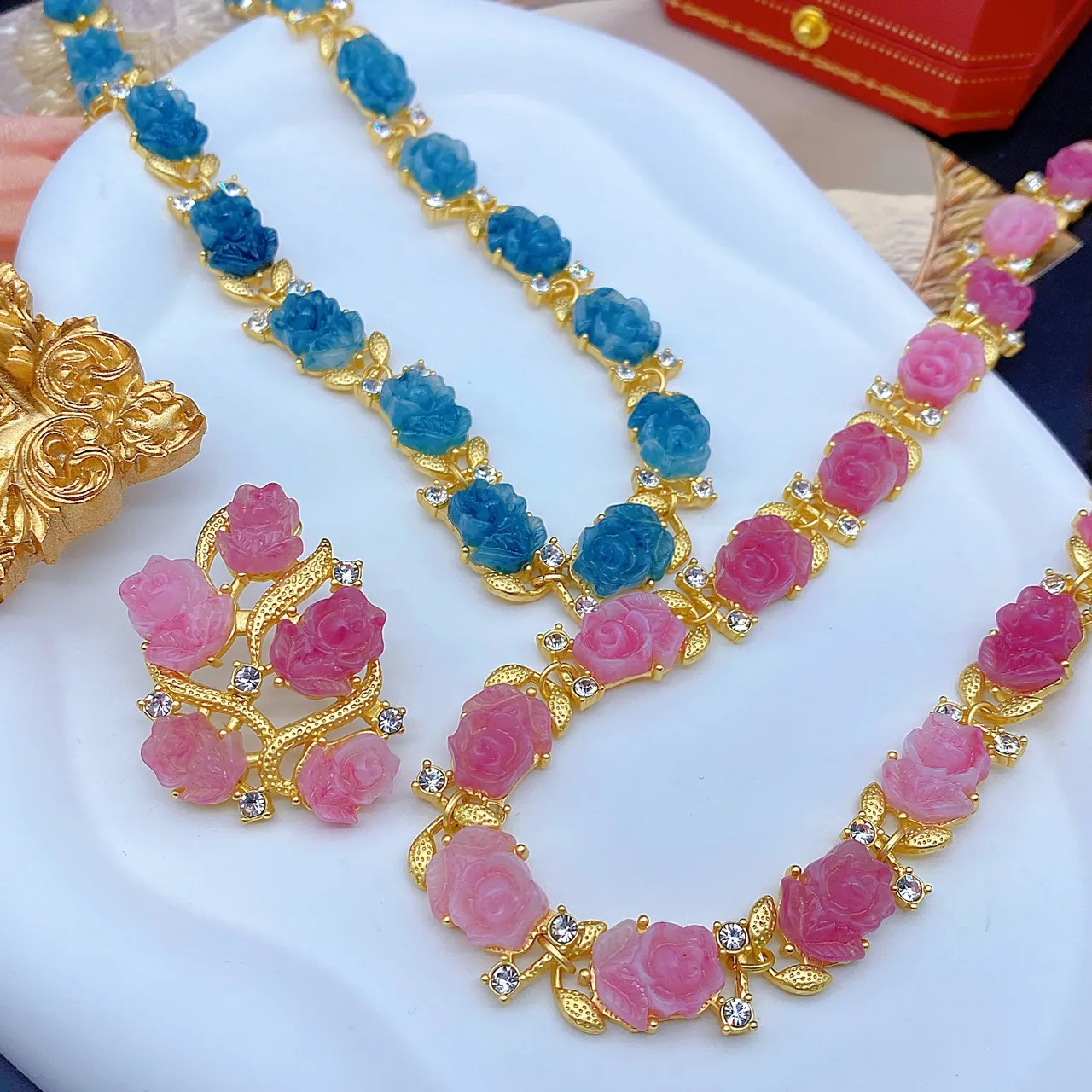 Collier en verre clair dégradé de fleurs de cerisier roses, boucles d'oreilles roses, broche, corsage, bijoux de style européen et américain_voghion.com