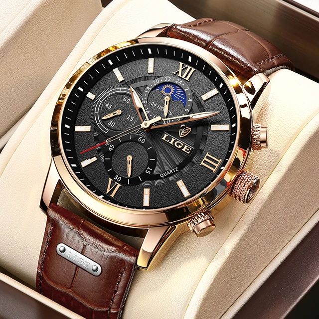 Men's Luxury Quartz Chronograph Watch With Leather Strap & Box_voghion.com