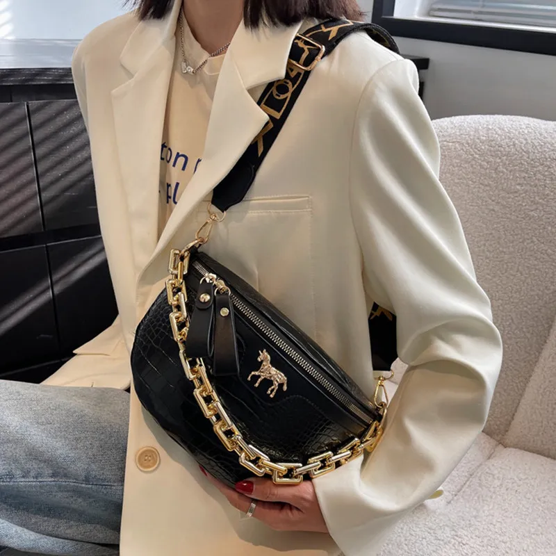 Thick Chain Women's Waist Fanny Pack Fashion Crossbody Chest Bags Female Belt Crocodile Shoulder Bag_voghion.com