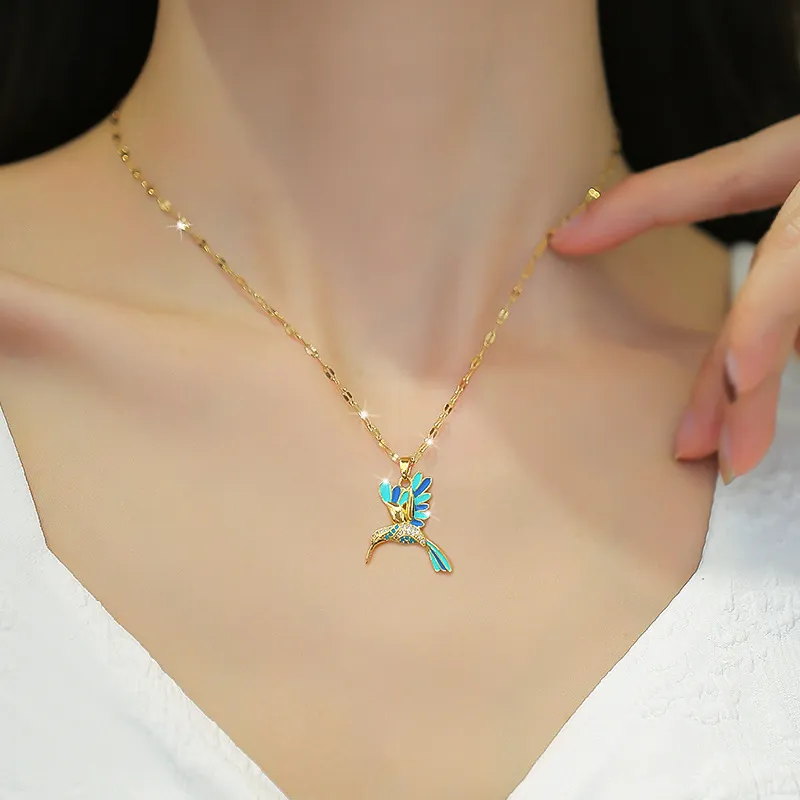 Catene di cristallo colibrì collane per le donne gioielli di moda color oro smaltato uccelli animali ciondolo choker collares_voghion.com