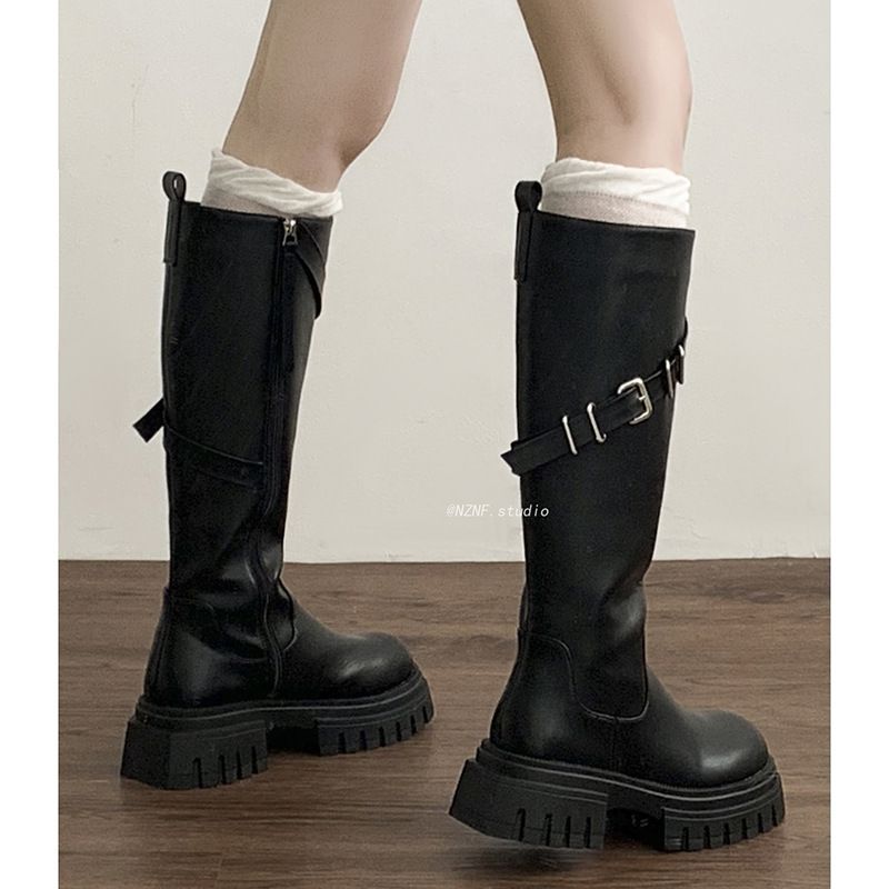 Freizeit Britische schwarze knielange Schlankheitsstiefel mit dicken Sohlen lang für Damen 2024 Neue Herbst- und Winterstiefel mit dickem Schaft_voghion.com