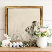 Decorațiune murală rustică cu iepuraș - semn înrămat în lemn de 20x20 cm cu iepure vintage. Decor perfect pentru casă sau ca și cadou de Paște._voghion.com