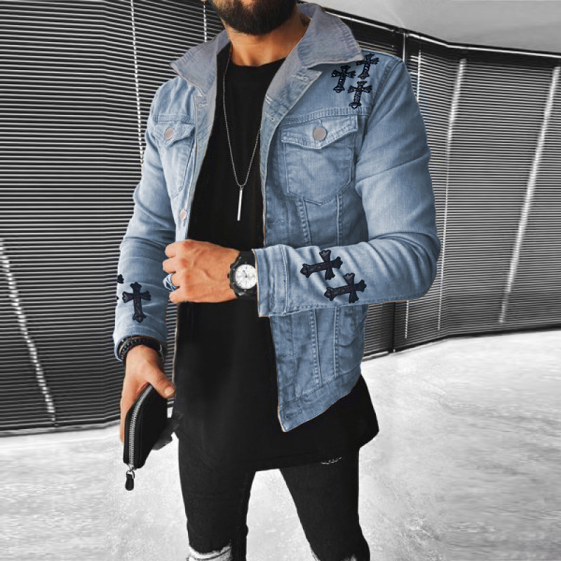 2533 autumn/winter coat hip-hop series patchwork patch printed men's street denim jacket top_voghion.com