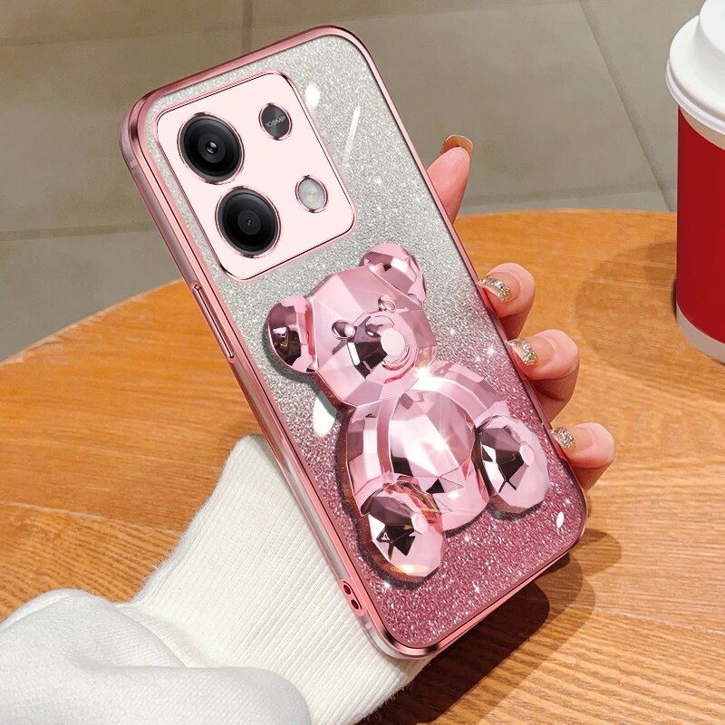note13 pro Glitter Plating Bear Holder Case On For Xiaomi Redmi Note Pro note13pro redmi 13C 4G 5G Stand Cover note 13_voghion.com