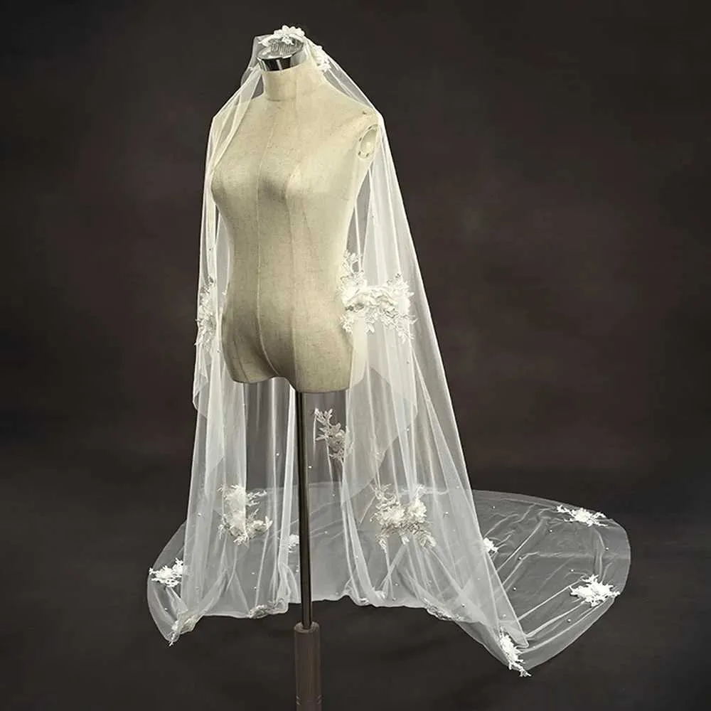Haarschmuck 3D Blumen Brautschleier Perlen Schleier 1 Tier Lange Kathedrale Veu Mit Kamm Hochzeit Zubehör Für Braut VP56_voghion.com