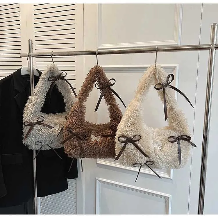 Sac à main en peluche douce pour femme, solide, moelleux, nœuds, appliques, épaule, femme, automne, hiver, mignon, sous les aisselles, paquets, poignée, dame_voghion.com