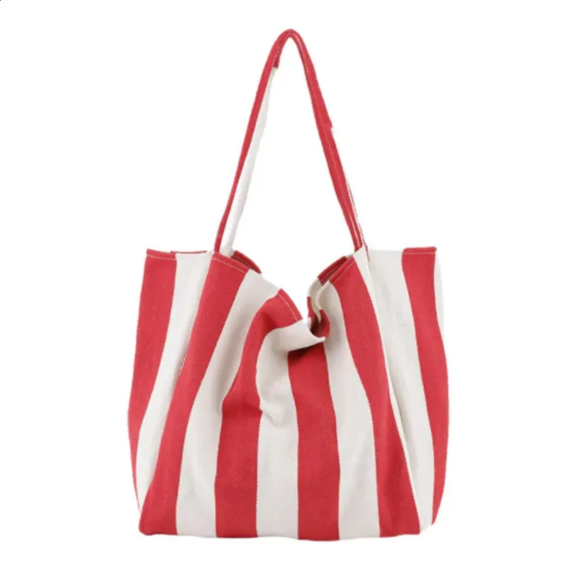 Fashion Ladies Classic Striped Canvas Handbag Large Capacity Shoulder For Female Simple Beach Casual tote Shopping Bag_voghion.com