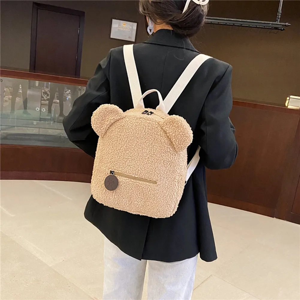 Casual Fleece Bear Shaped Shoulder Cute Women Backpack Children School Bag Travel Rucksack Solid Color Handbag_voghion.com