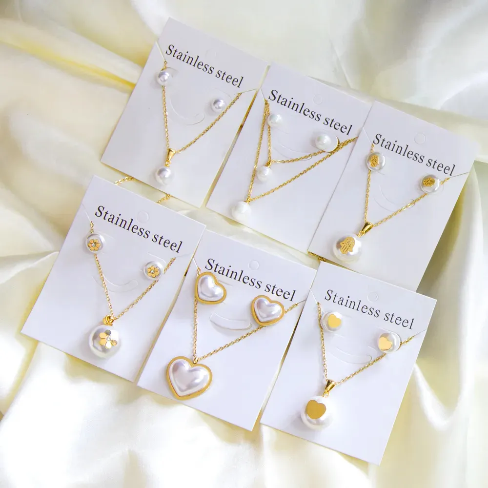 Ensembles de bijoux de mariage tendance avec pendentif boule en acier et collier couleur or et boucles d'oreilles en acier inoxydable pour femmes et filles, cadeau_voghion.com