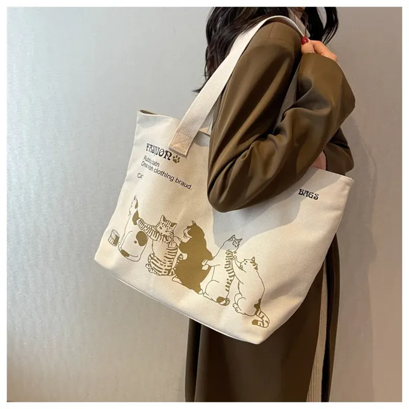 Große Tragetasche für Damen zum Einkaufen, Aufbewahren, Pendeln, Canvas-Handtasche, Cartoon-Katzen-Aufdruck, tragbare_voghion.com