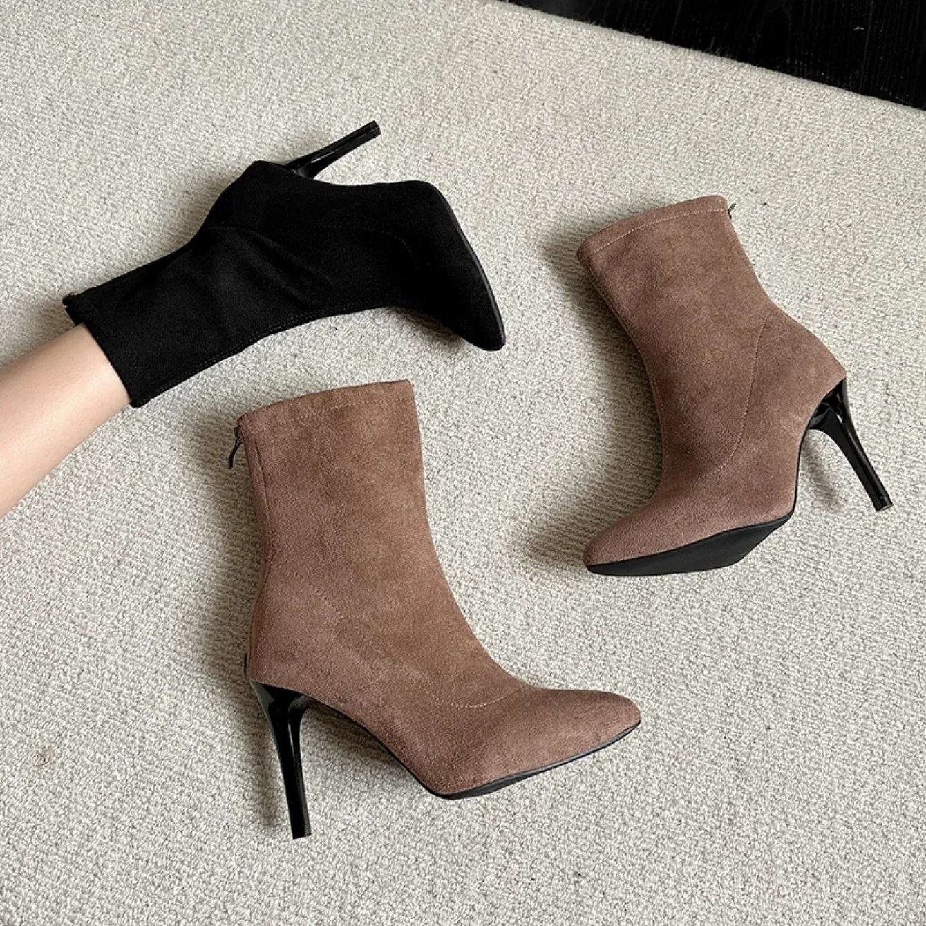 Casual Shoes Women's High Heels 2024 Autumn And Winter Warm Pointed Toe Back Zipper Stiletto Heel Short Boots_voghion.com