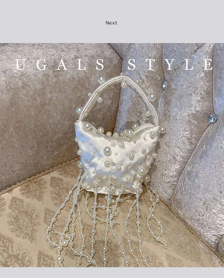 Borsa a mano da donna in raso morbido con perline lucide, con perline e nappe, da sera, per matrimonio, festa, pochette, borsa a tracolla da donna, da strada_voghion.com