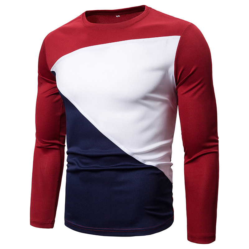 Maglietta da uomo a maniche lunghe con patchwork e scollo rotondo, di qualità imbattibile, taglia europea, vestibilità slim, casual, modello 2025, nuovo articolo primaverile e autunnale._voghion.com
