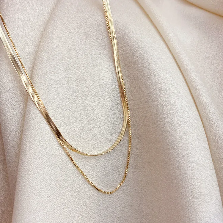 Ketten Anti-allergesch Minimalistesch Duebelschichten 14K Gold Plated Box & Herringbone Kette Choker Halskette fir Fraen Ketten_voghion.com