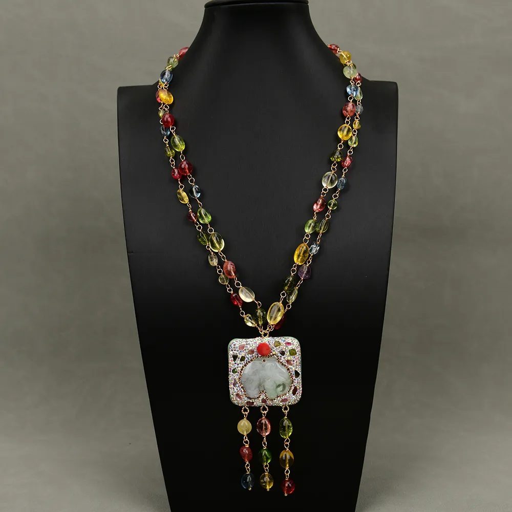 Pendant Necklaces GG Jewelry 2 Rows Mix Color Natural Crystal Smooth Net Stone Necklace Jadeite Carved Elephant_voghion.com
