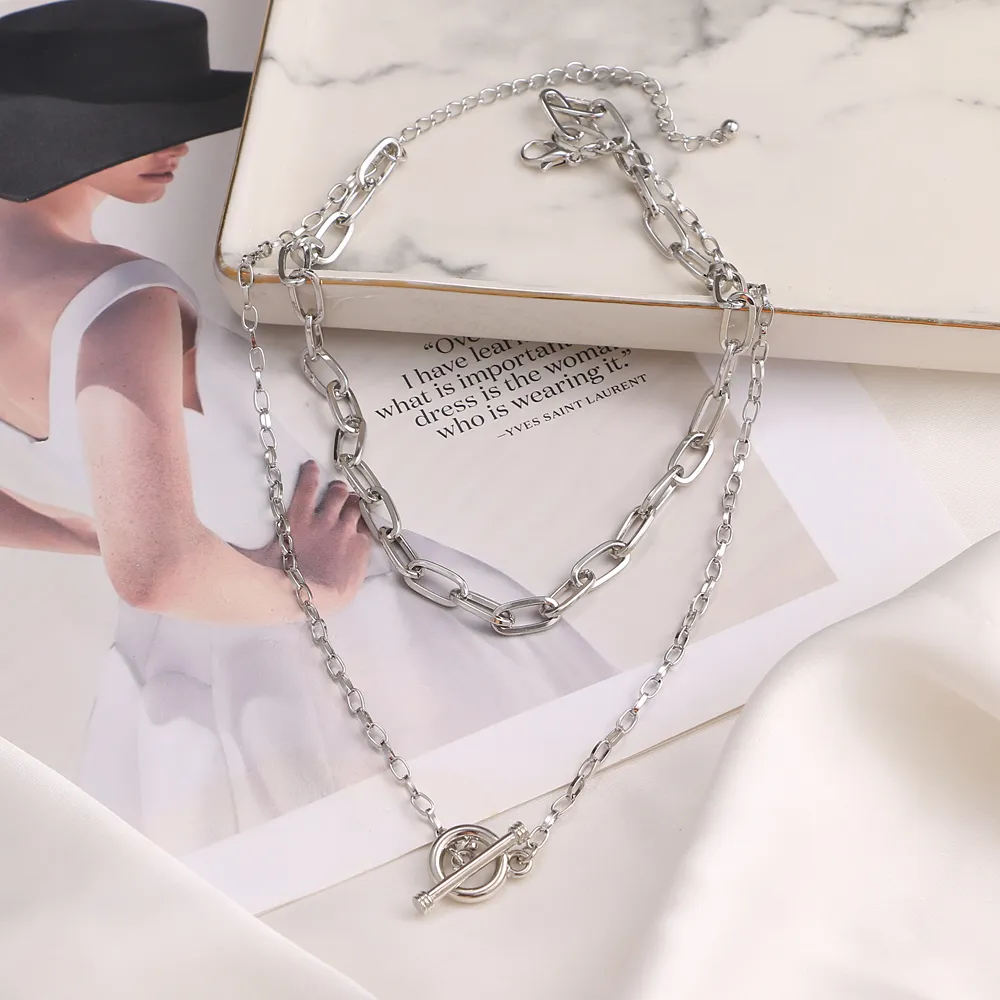 Catene Vintage Catena Spessa OT Fibbia Collana Girocollo Per Le Donne Punk Argento Colore Metallo Geometrico Stratificato Gioielleria di Moda_voghion.com