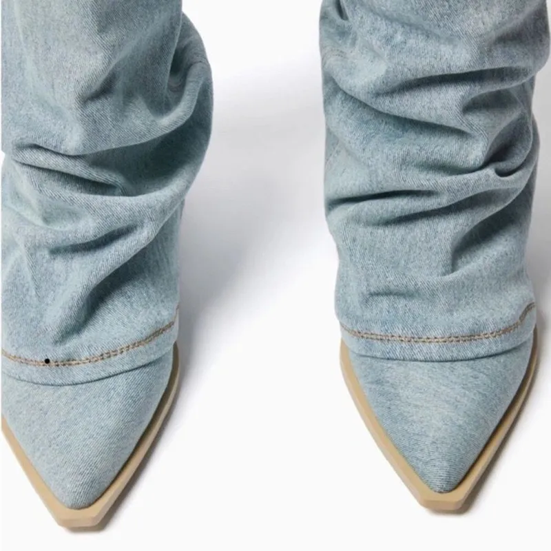 Falten Blue Denim Oberschenkelhoch für Frauen 2024 Frühling Dickabsatz Spitzschuh Cowboy Frau Slip On Western Lange Stiefel_voghion.com