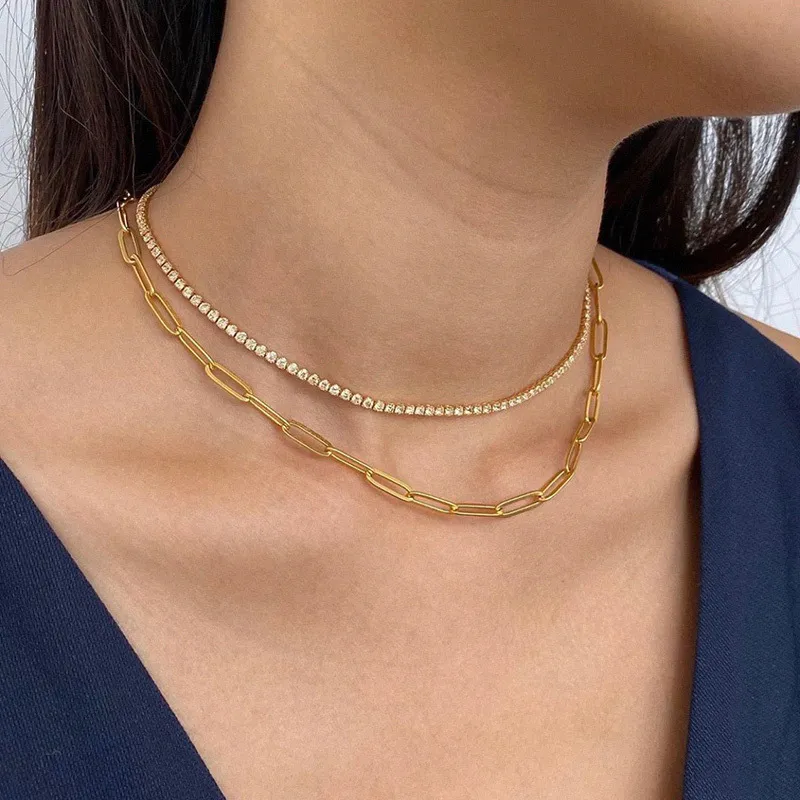 Ketten Anti-allergesch Minimalistesch Duebelschichten 14K Gold Plated Box & Herringbone Kette Choker Halskette fir Fraen Ketten_voghion.com