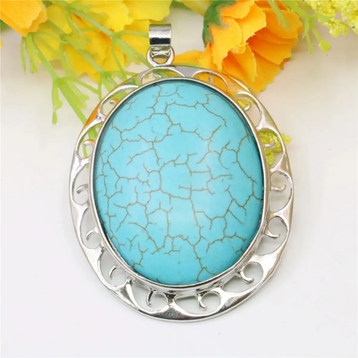 Colliers pendentifs ovales bleu dinde turquoise 42X50mm alliage bordure en métal pierre naturelle femmes filles cadeaux accessoires_voghion.com
