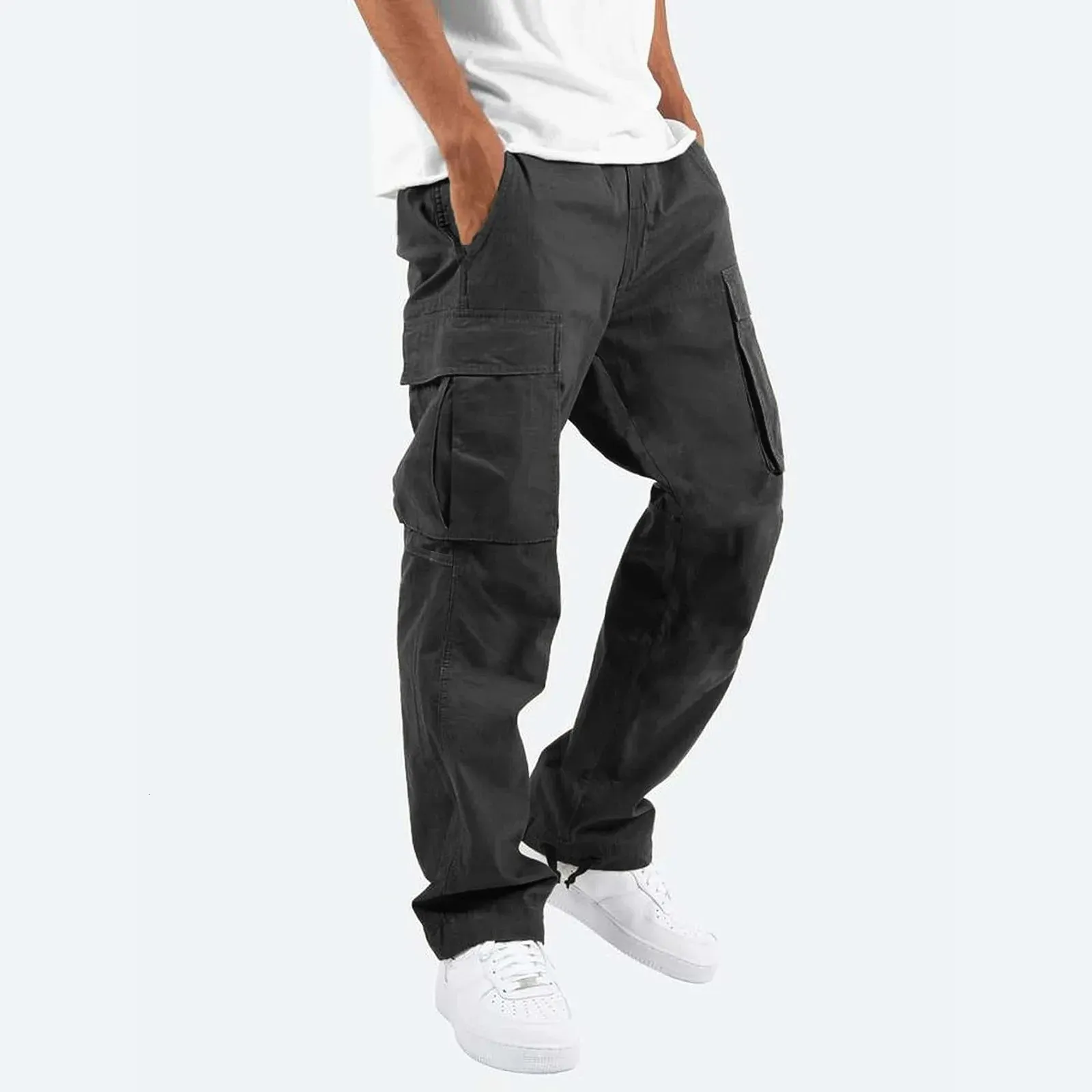 Pantalon cargo décontracté pour homme, coupe slim, couleur unie, poches, coupe droite, bas long, ample_voghion.com
