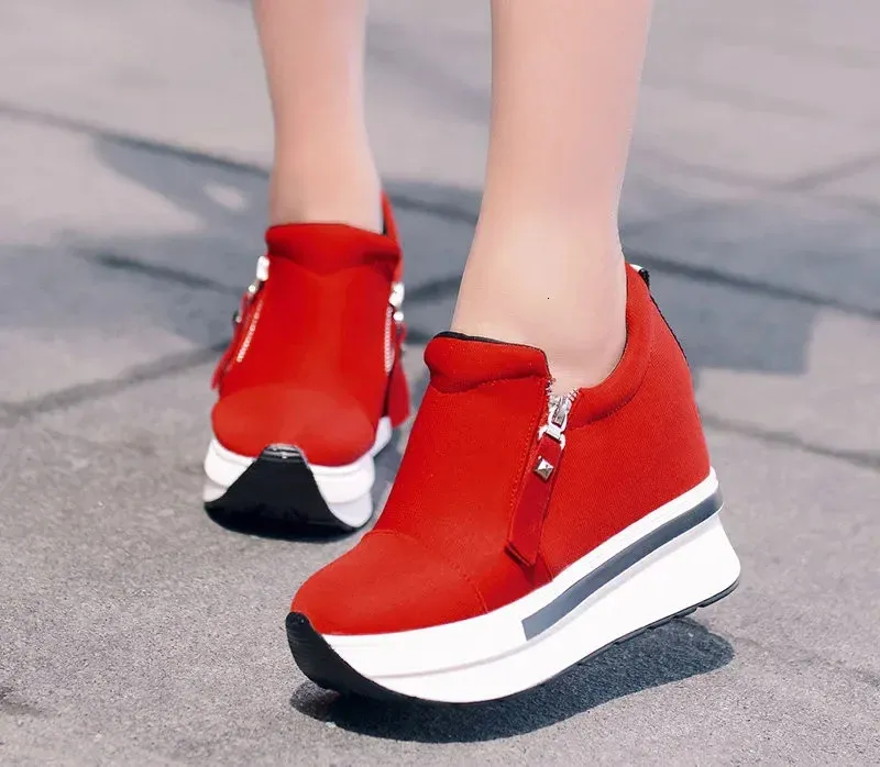 Pantofi sport dama cu platformă, roșii, casual, confortabili, din pânză neagră, cu toc înalt, Tenis Atos Mujer 241122_voghion.com