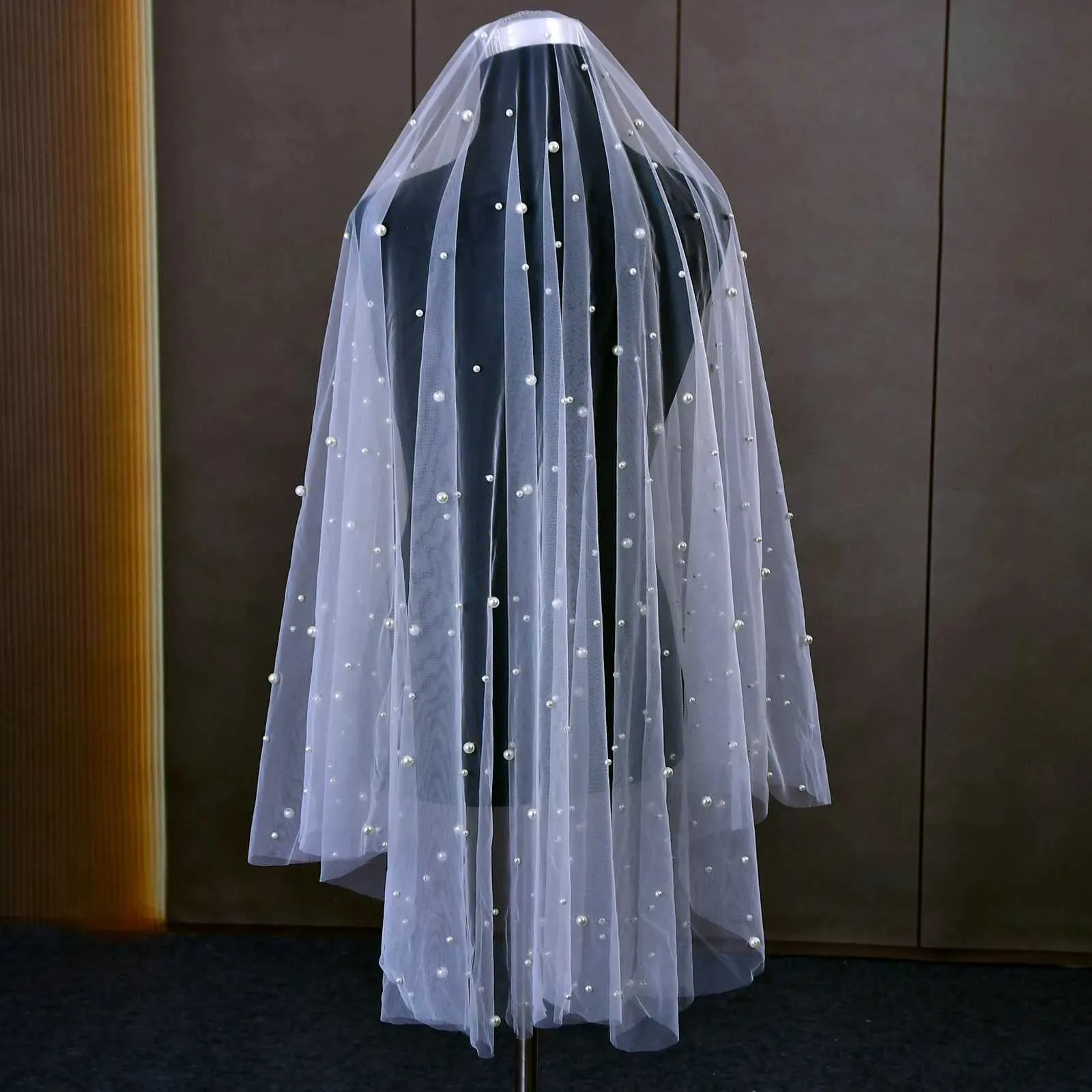 Gioielli per capelli, velo con 2 nodi, copri viso, perle, veli da sposa con perline, con pettine, bordo grezzo, lunghezza al gomito, accessori per matrimonio_voghion.com