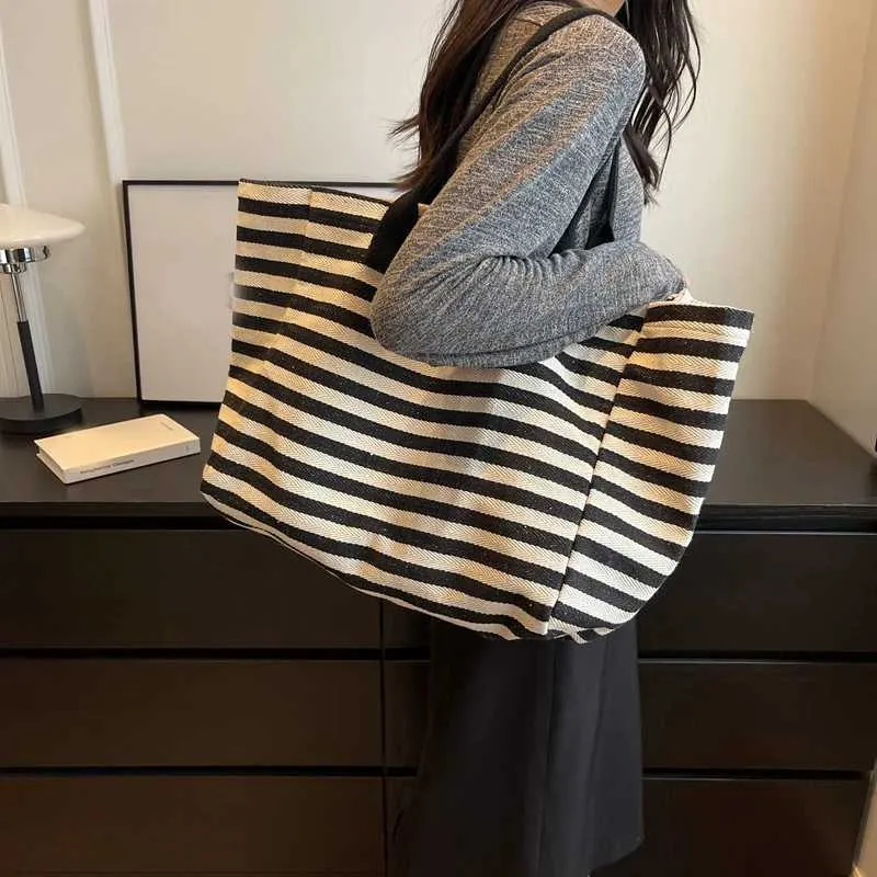 Sacs à main en toile à rayures simples et tendance pour filles, sacs à provisions de haute qualité Y241109_voghion.com