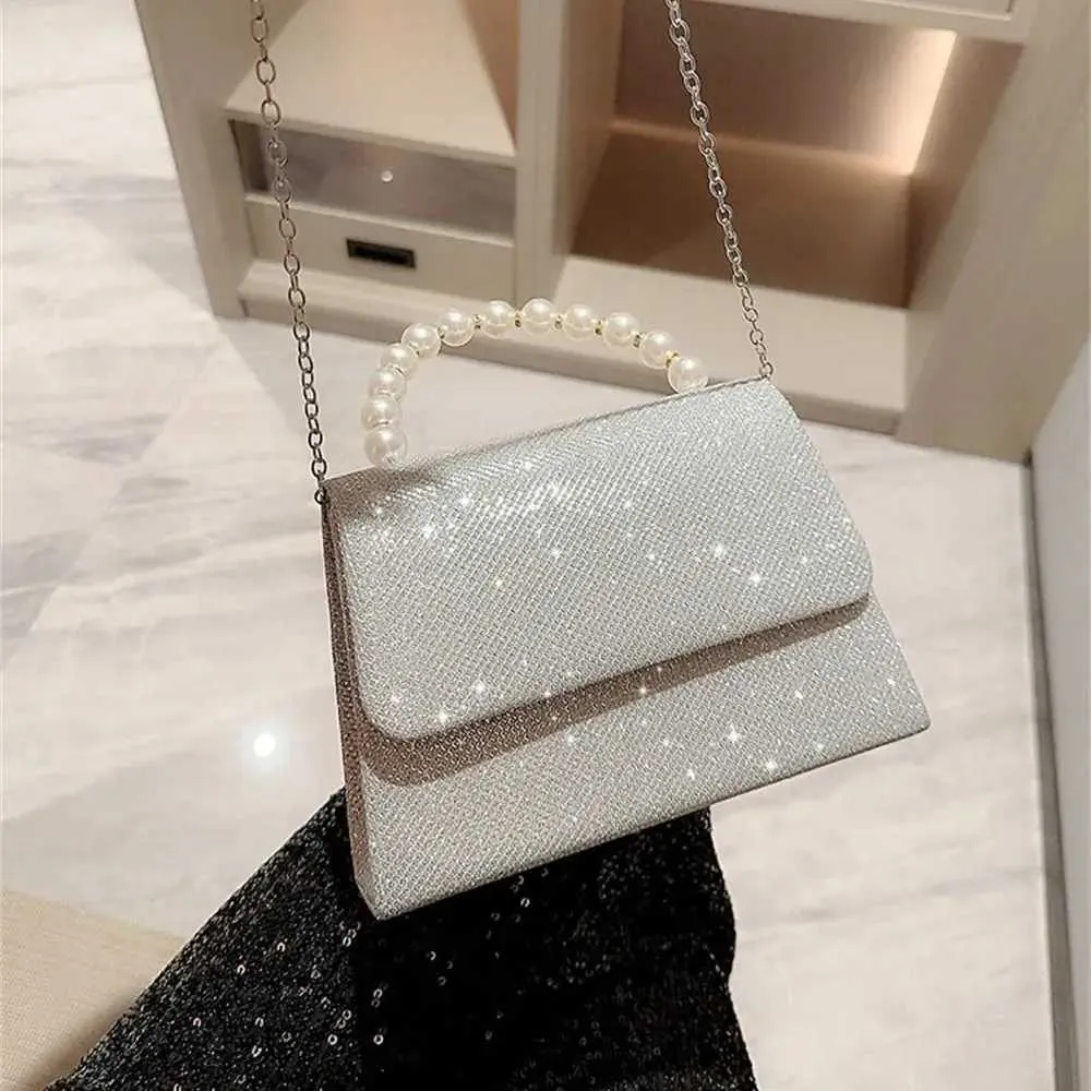 Perlenkette Schultertasche Gold glänzende Seide Abendtasche elegante und modische sphärische Clutch Damenhandtasche Y241019_voghion.com