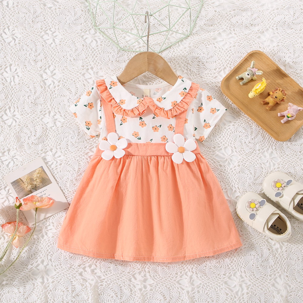 Robe d'été pour petite fille avec bord à volants et col de poupée, robe imprimée à fleurs, vêtements mignons pour enfants_voghion.com