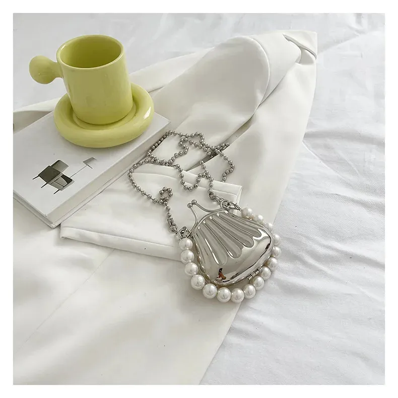 Borsa a mano con catena lunga in oro e argento con fiocco, da sera, da donna, con manico superiore in conchiglia, borse e borsette da festa per matrimonio 241212_voghion.com
