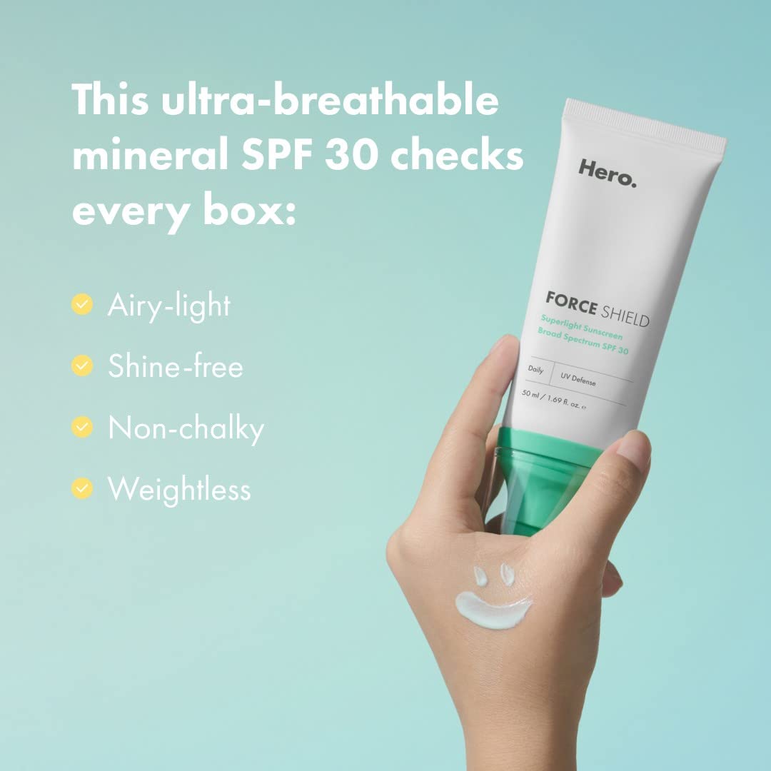 Hero Cosmetics Force Shield Superlight Sunscreen SPF 30 - Everyday SPF 30 for Acne-Prone Skin with Zinc Oxide, Green Surge, and Extremolytes (50 ml)_voghion.com