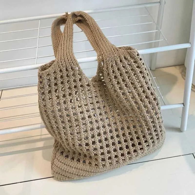 Knitted hollow shoulder lower arm bag large capacity crochet hook womens shopping casual beach handbag Y241011_voghion.com