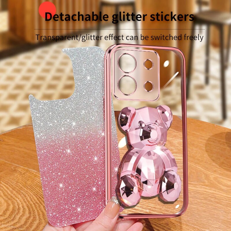 note13 pro Glitter Plating Bear Holder Case On For Xiaomi Redmi Note Pro note13pro redmi 13C 4G 5G Stand Cover note 13_voghion.com