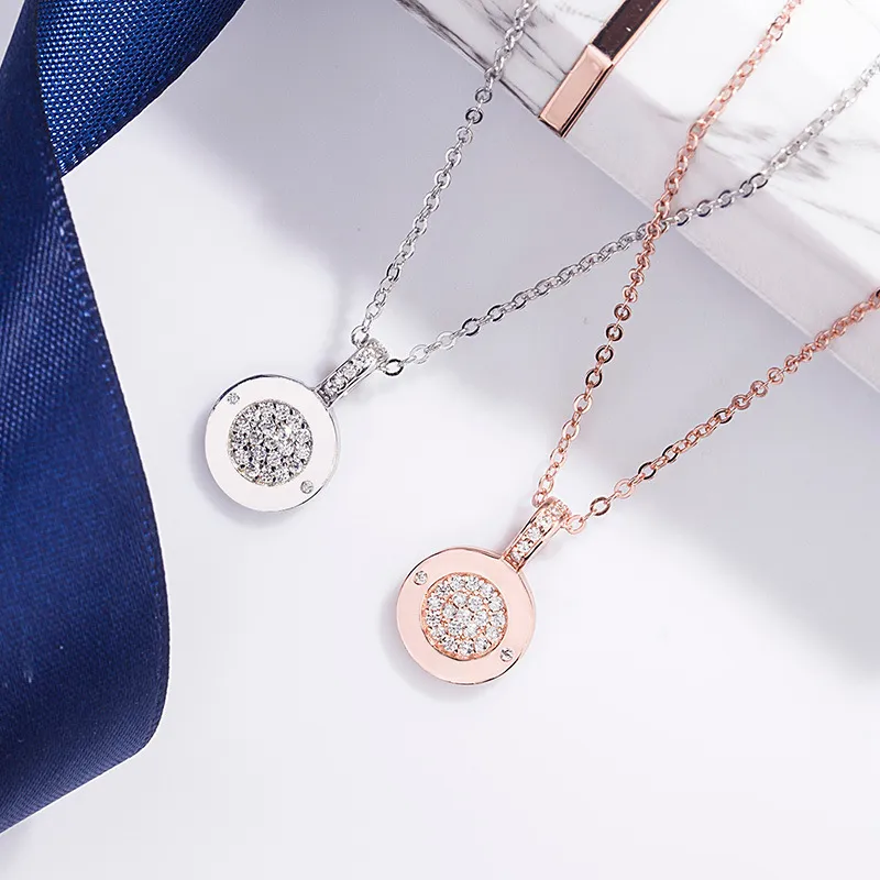 Doppelseitige Halsketten mit rundem Anhänger für Frauen, Roségold, Strass, Sterlingsilber, Chokerhalskette, modische Mädchenparty_voghion.com