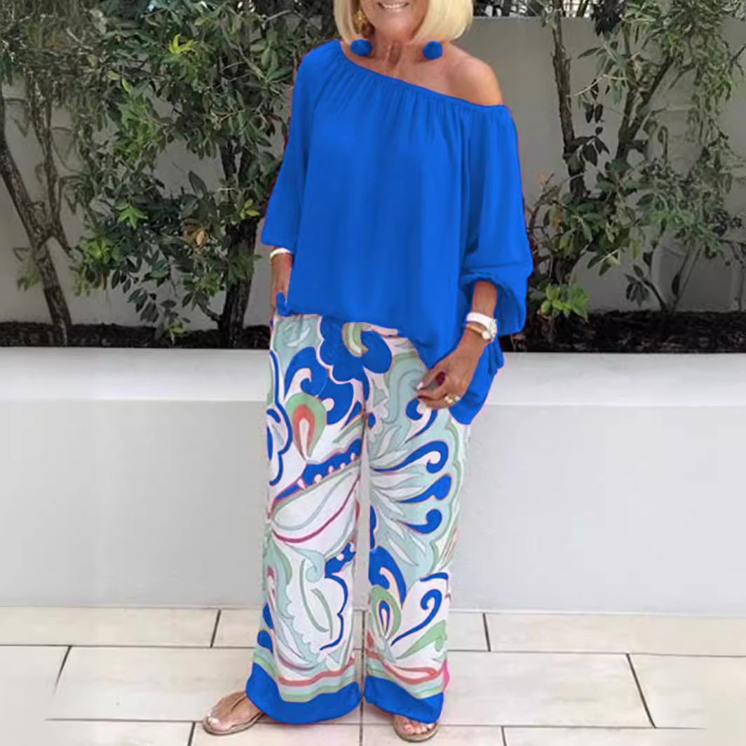 2025 New Women's Printed Pants Off-Shoulder Top Casual Set_voghion.com