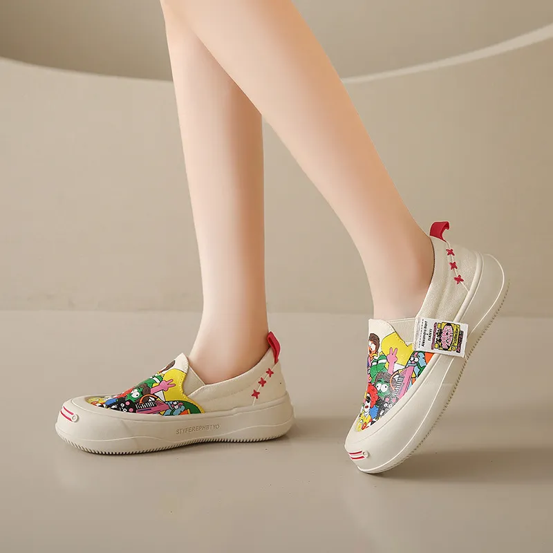 Thick Soled Shallow Mouthed Cartoon Printed Skateboard Shoes With Breathable And Comfortable Mesh Fabric For Casual Wear_voghion.com