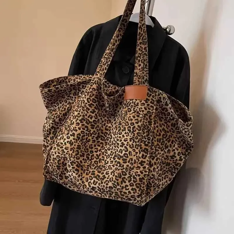 Leopard Pattern handbag retro canvas Fi large capacity shopping bag Y241026_voghion.com