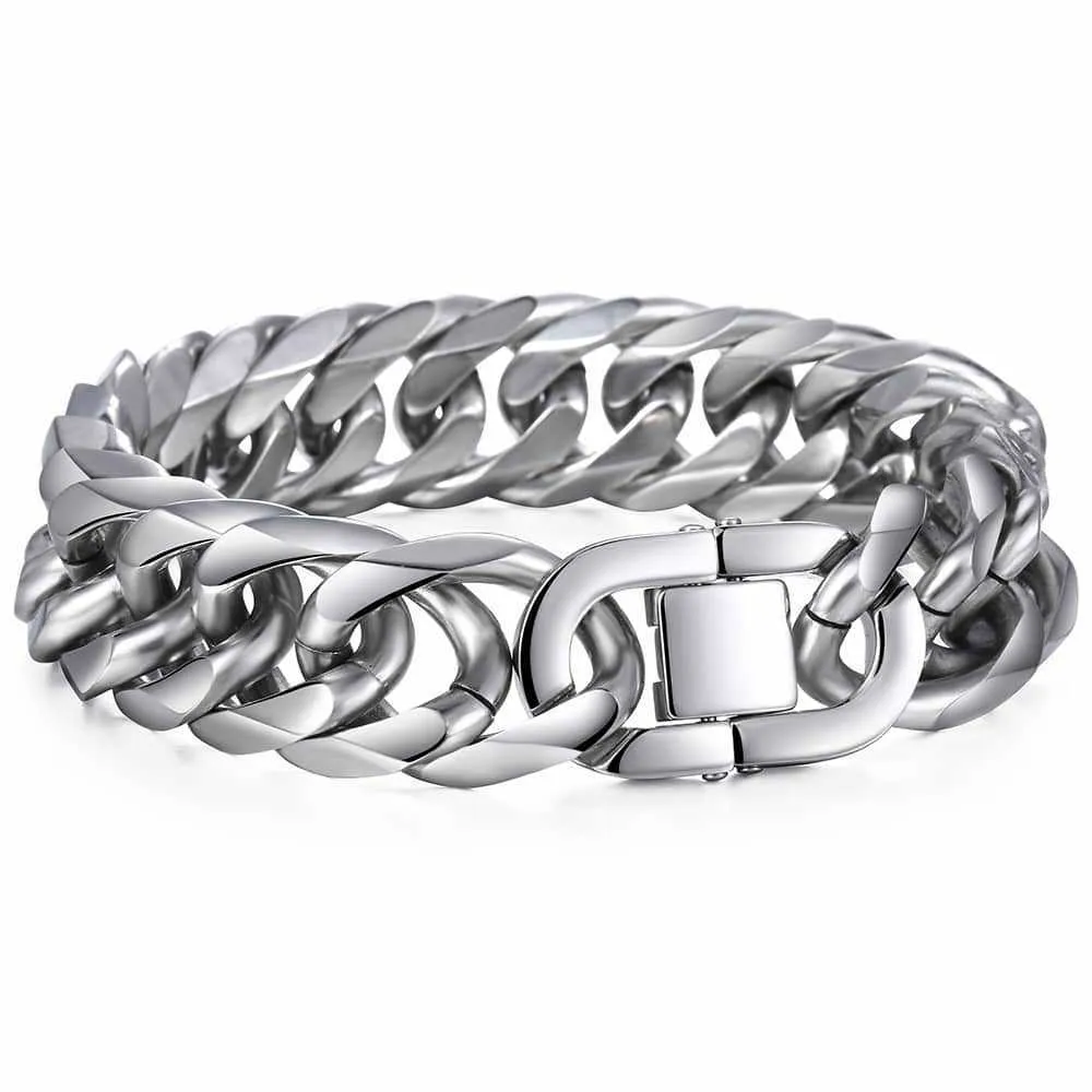Herren Panzerarmband Cuban Link Aus Edelstahl Silberfarben_voghion.com